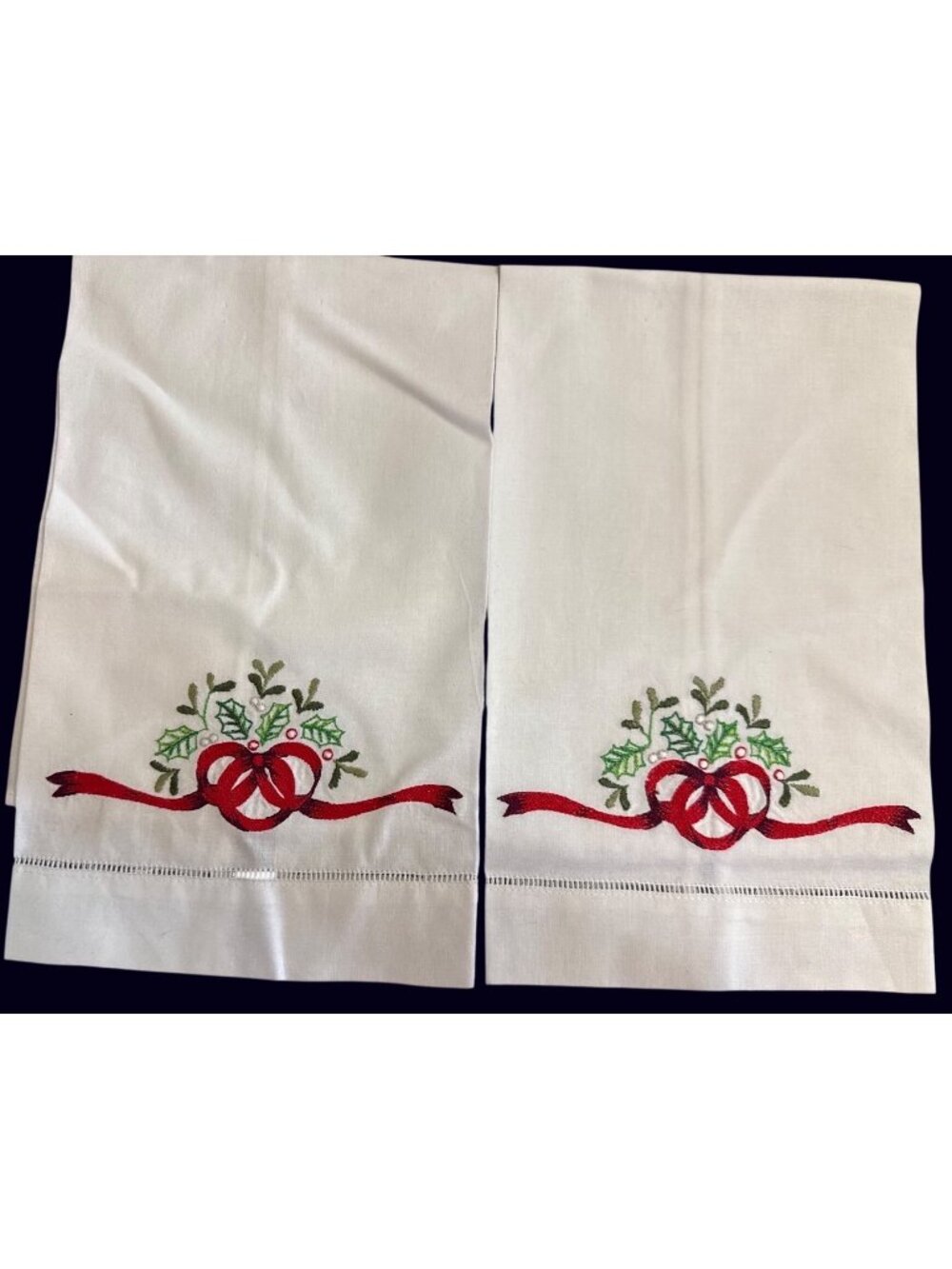 Vintage Embroidered Christmas Hand Towels White Linen Holly & Red Ribbon Pair